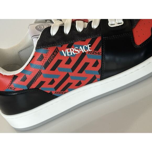Versace Greca Men’s Leather Black/Orange Red Sneakers 13 US (46) 1013377 IT NIB - Picture 7 of 15